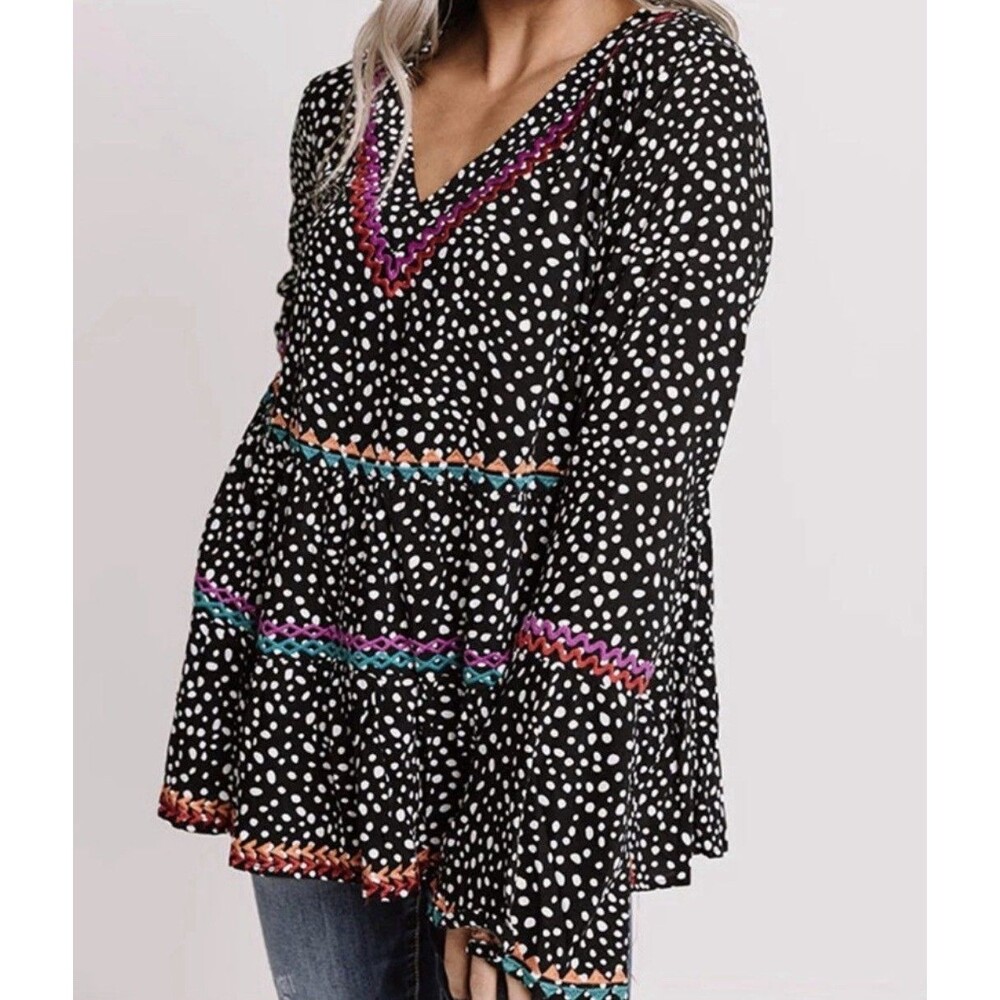 Savanna jane Blouse womens sz L Black Polka Dots  Boho flowy Babydoll Tiered